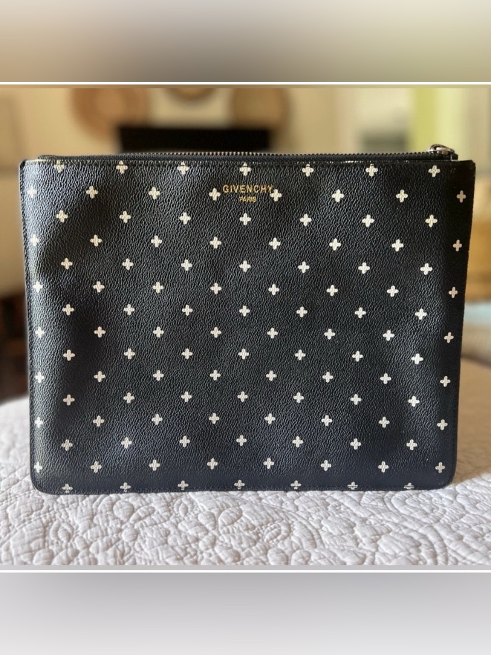 GIVENCHY Leather Clutch Bag Black & White Cross Pattern EUC